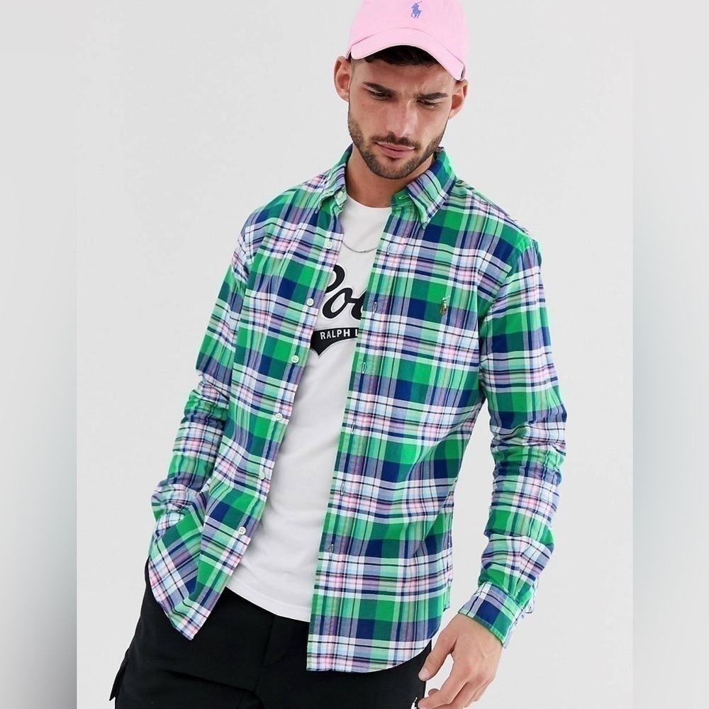 Ralph Lauren Classic Vibrant Green/Blue/Pink Casual Long Sleeve Button Down